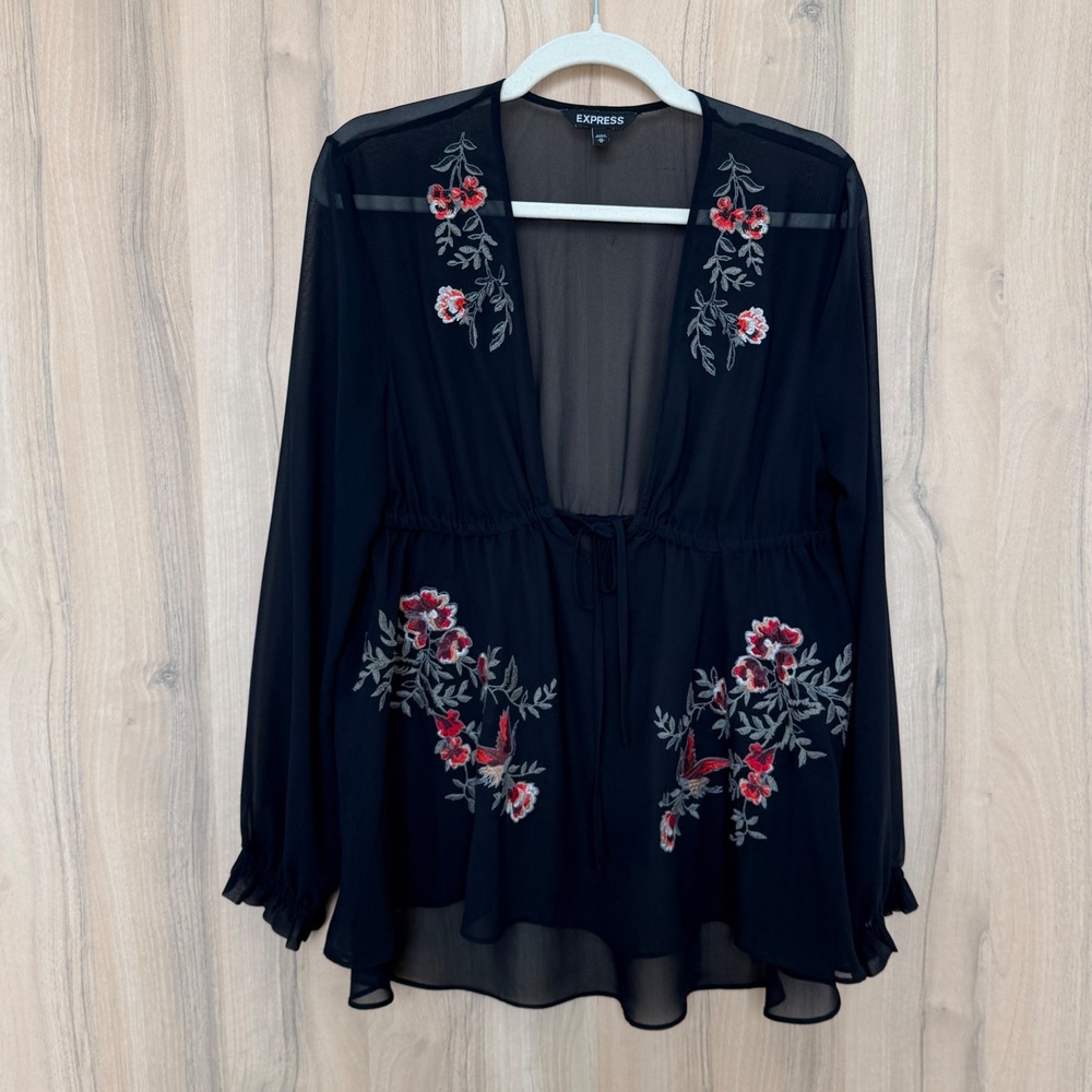 Express Womens Sheer Embroidered Blouse M Black Floral Tie Front‎ Boho Romantic